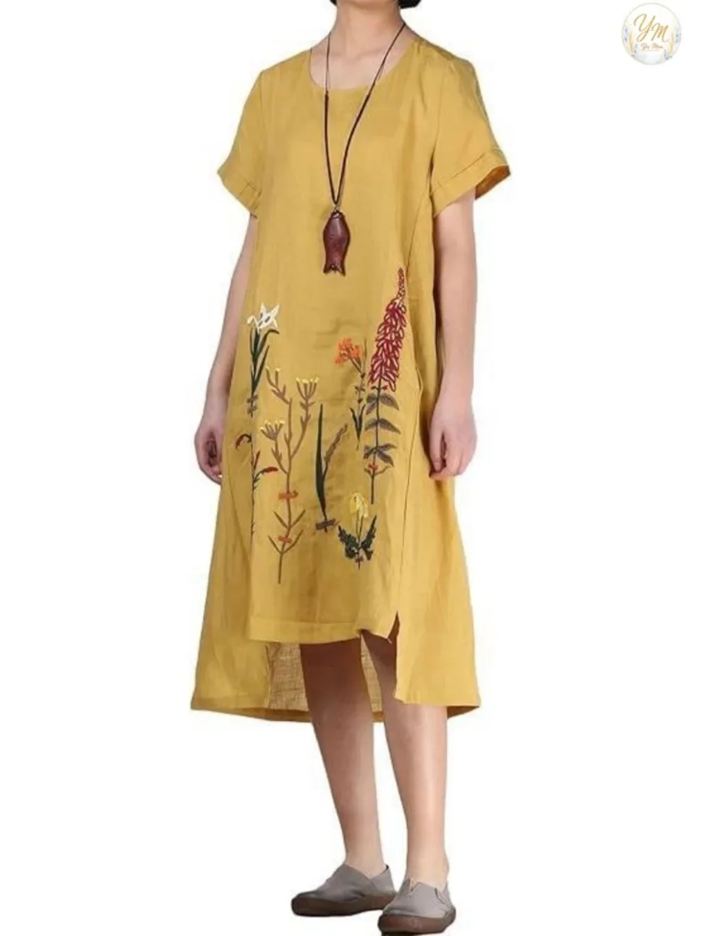 Linen Cotton Embroidered Boho Sundress Midi with Pockets